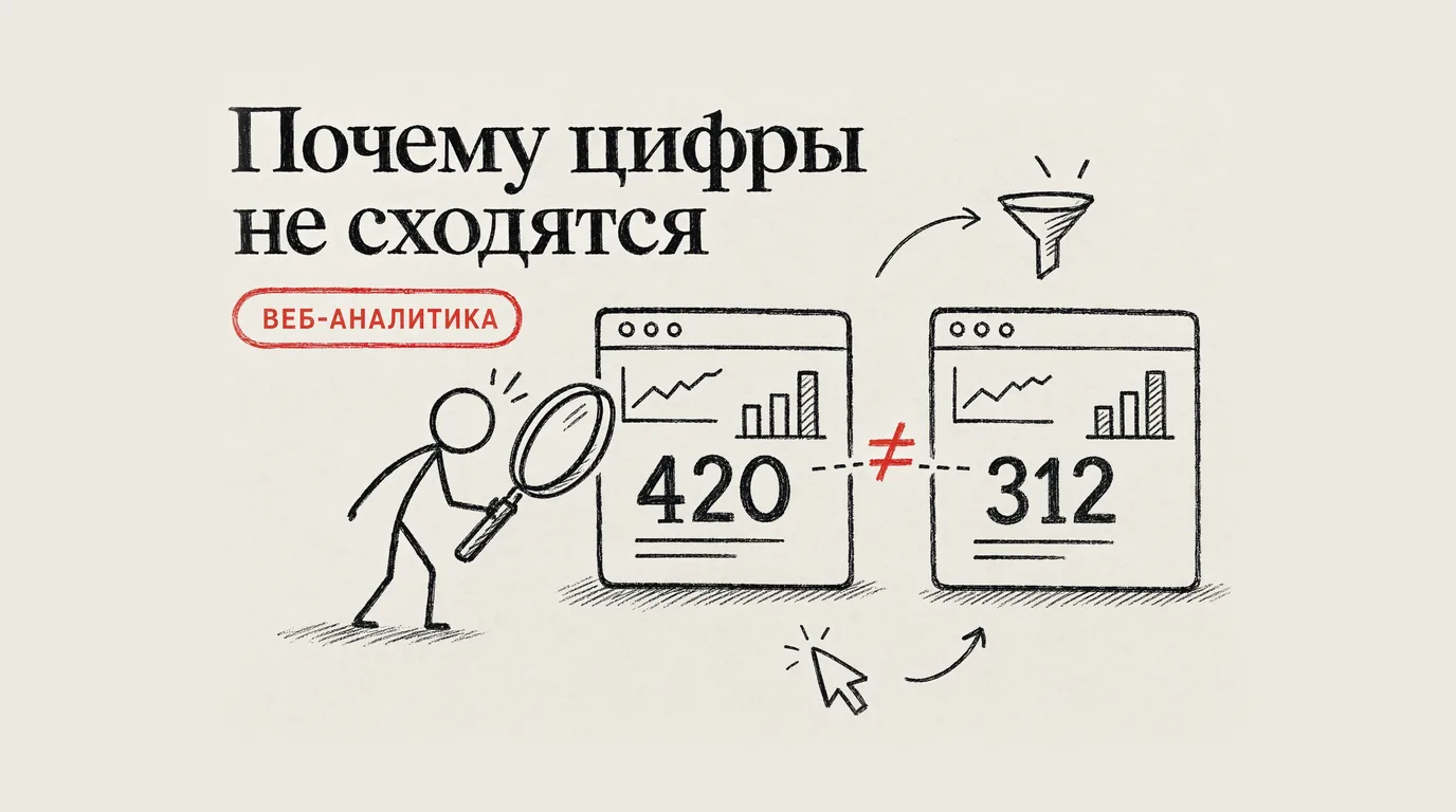 «Почему цифры не сходятся» — рисованный человечек с лупой сравнивает два окна аналитики: 420 конверсий против 312
